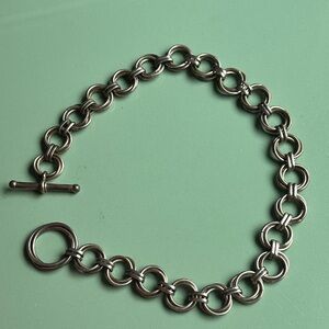 Artisan sterling silver round link necklace with toggle. 16” long